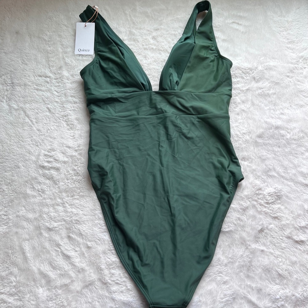 Quince Women's Forest Green Recycled V-Neck One-Piece Swimsuit ATG001 Large NWT - Picture 4 of 9